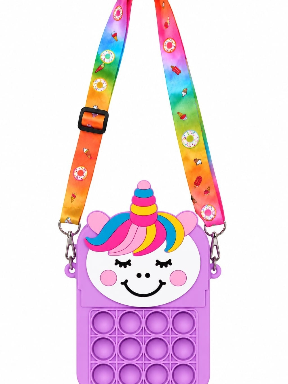 Kids Purple Unicorn Pop-It Crossbody Bag with Rainbow Strap